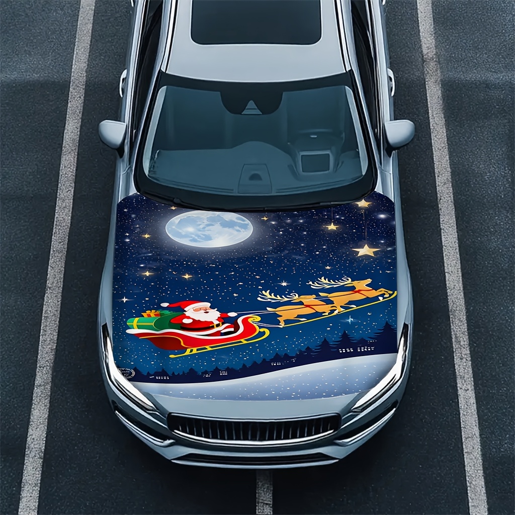 TEMU 1pc Of Christmas Starry Sky, Reindeer Sleigh, Santa Gifts, A Themed Printed Car Hood Cover With The Moon And Stars, A Colored Vehicle Hood Cover