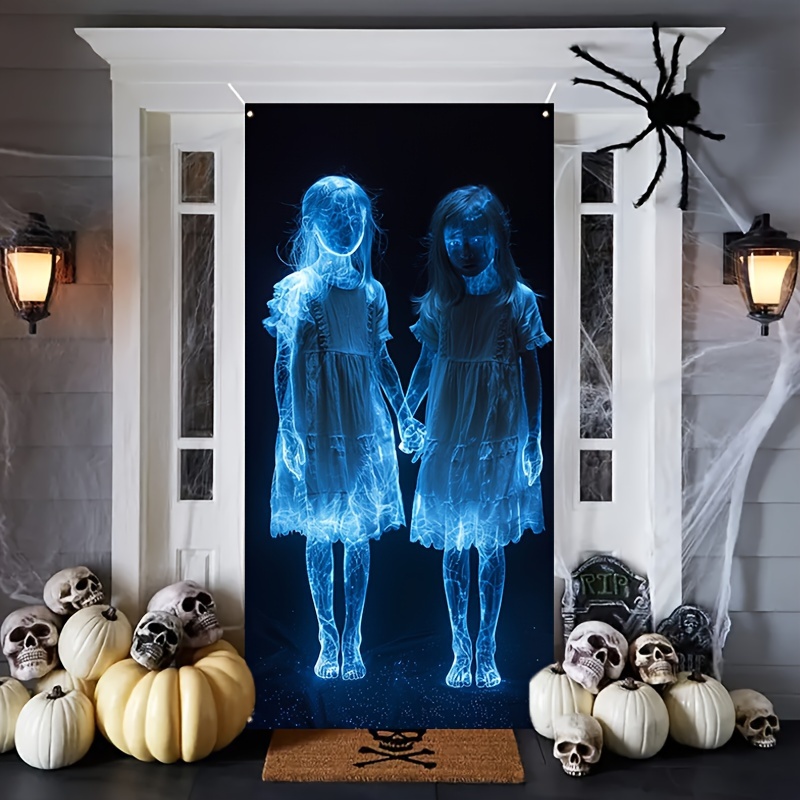 

Hego Door Banner - 1 Pc, Polyester Twins Print, Horror Carnival Party Photo Backdrop, Multipurpose Indoor Front Door Decor, Non-electrical Festive Accessory