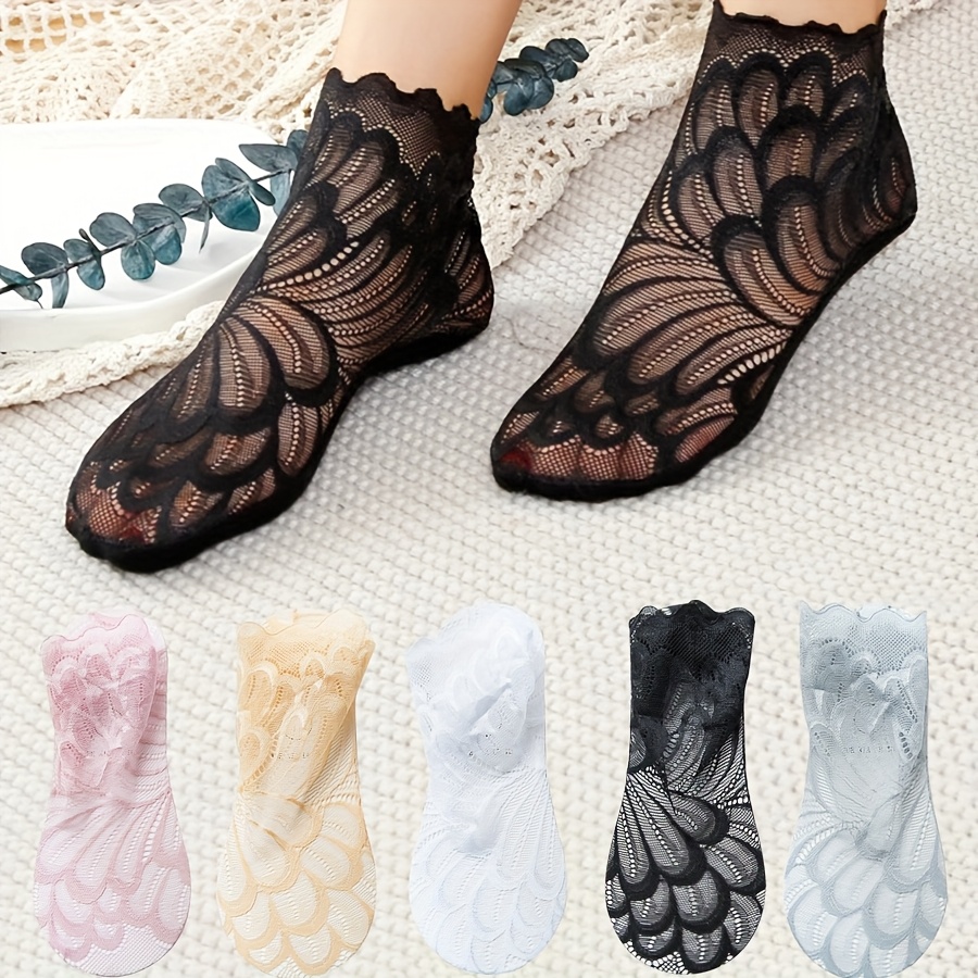 5 pairs womens lace floral mesh ankle socks non slip invisible liner socks with elastic waistband breathable thin design sheer lace overlay   casual attire cute socks Product details 0