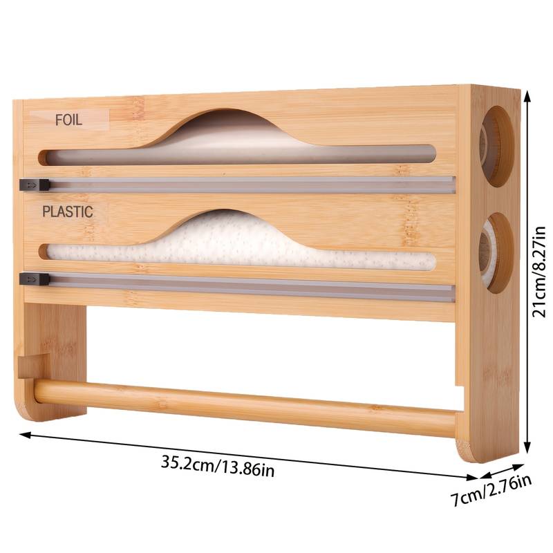 Organisateur Sacs Ziplock & Film - Distributeur Coupeur 5-en-1 En Bambou - Pour Cuisine, Restaurant