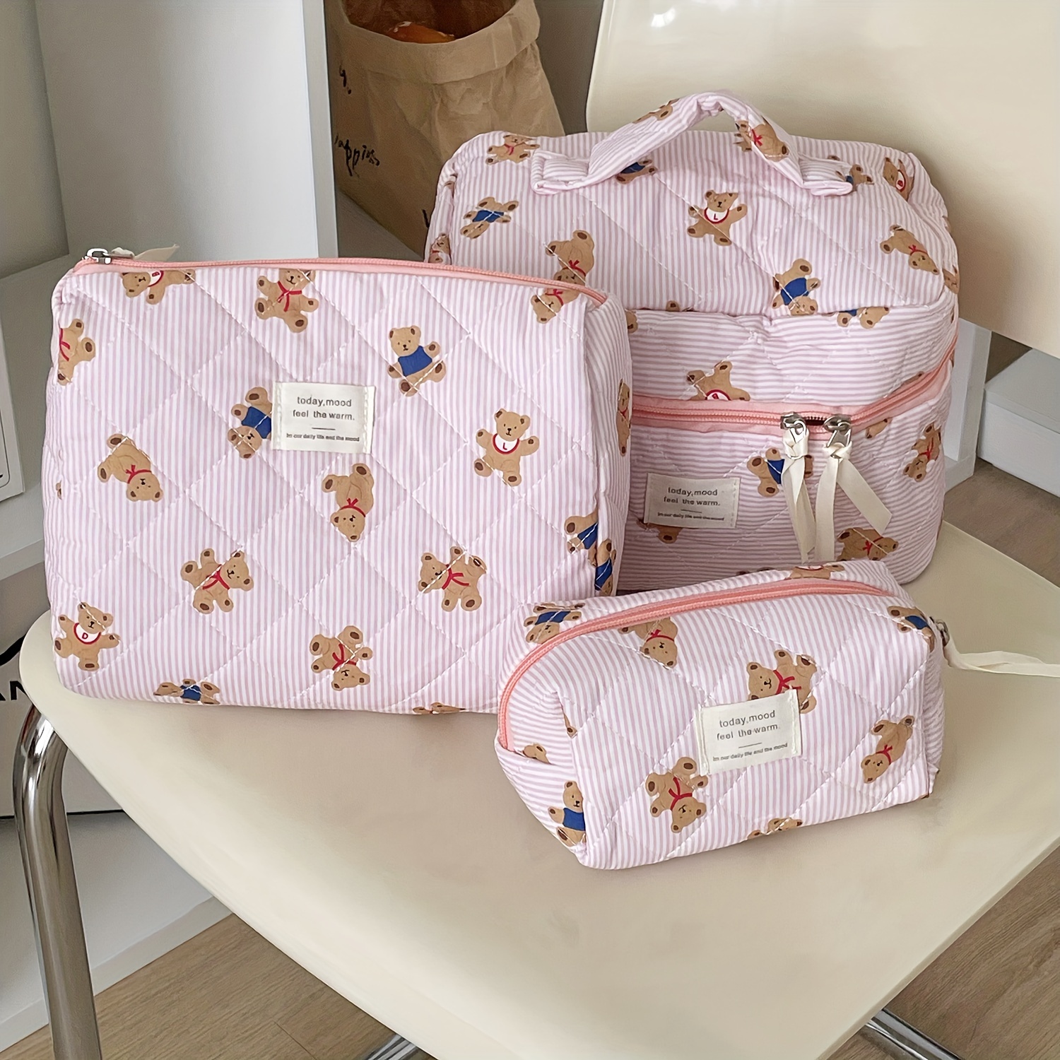 

1pc Pink Striped Bear Cosmetic Bag, Korean Cartoon Large Capacity Toiletry Pouch, Portable Multi-functional Storage Organizer For Women, Hypoallergenic Polyester Material