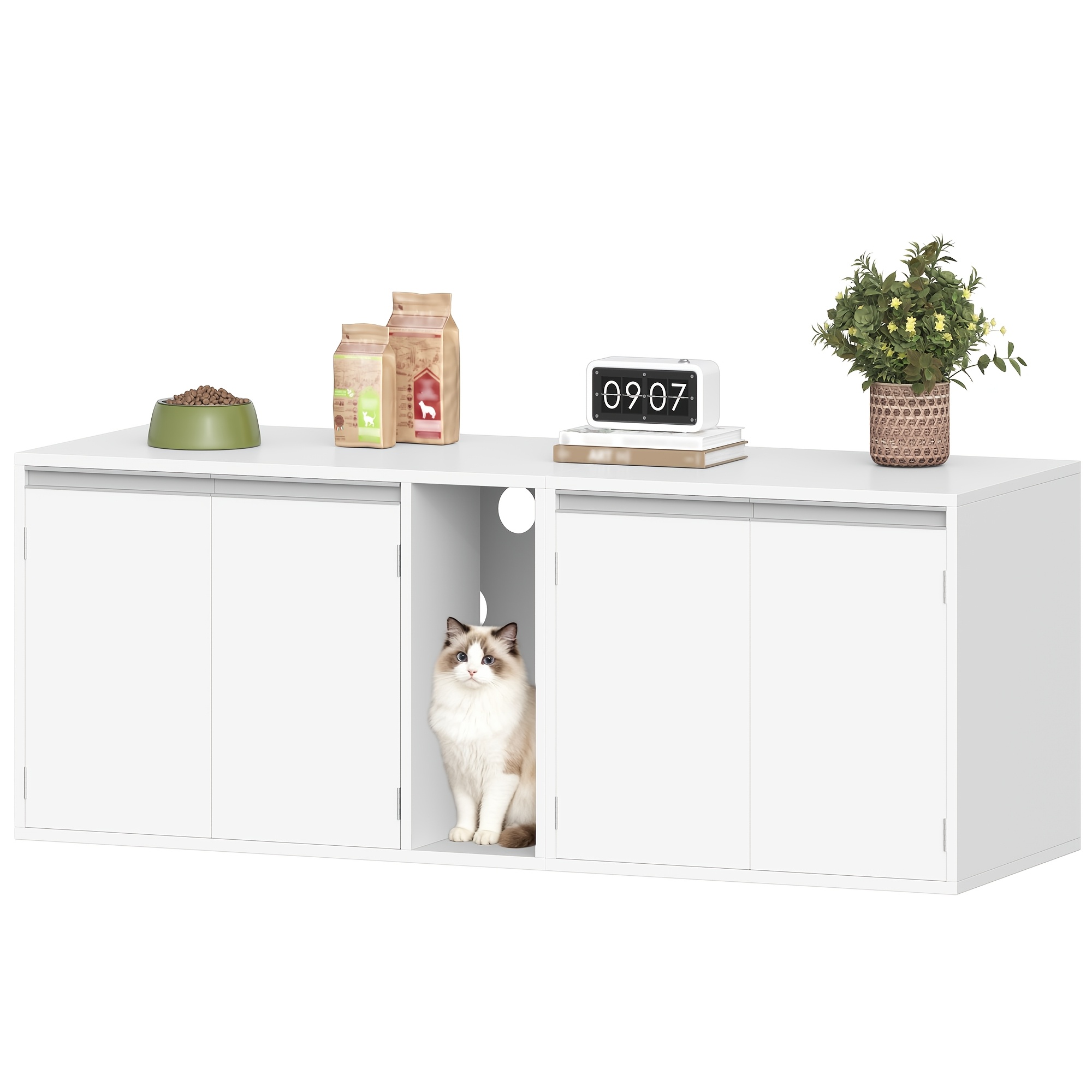 Modern Cat Cabinet Suitable For 2 Cats With Hidden Litter Box & Room Cat House - Space- Tv Stand/cat Furniture, White For Multi-cat Homes, 140 X 48.3 X 48cm