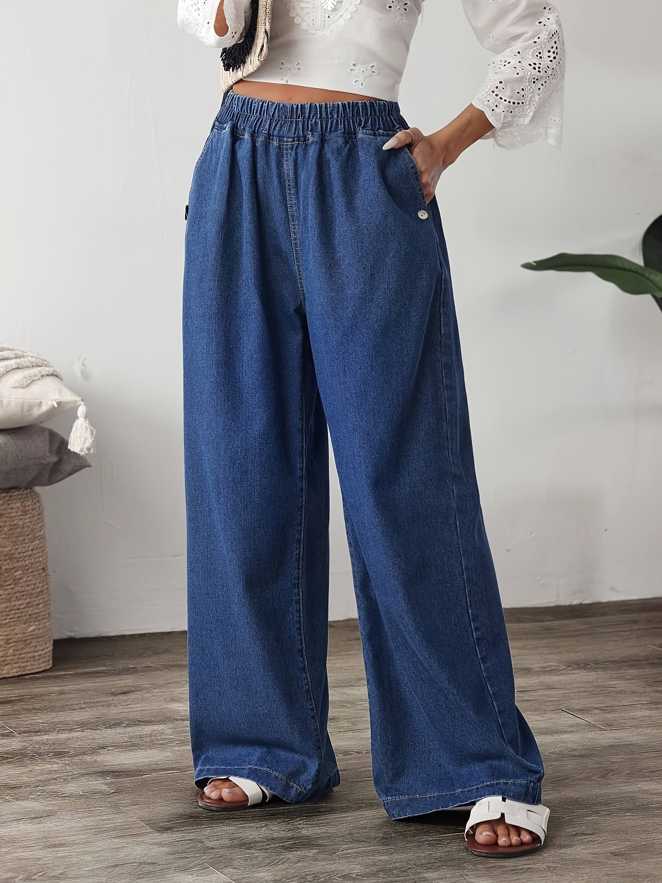 Women's Elegant Straight-Leg Jeans with Elastic Waistband - Casual Denim Pants, Machine Washable, Non-See-Through