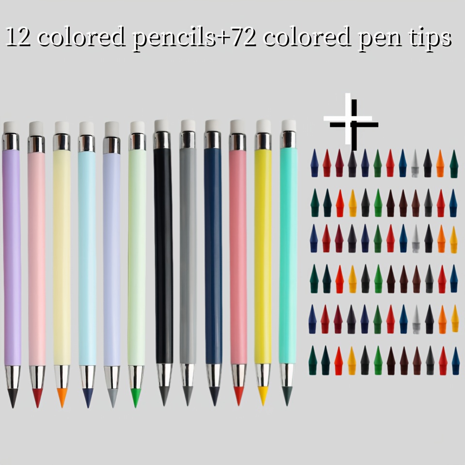 Image of 84pcs (12 Pencils And 72 Pen Tips)/128pcs (12 Pencils And 116 Pen Tips), Pencil Set, Eternal Pencil, Inkless Infinite Writing Pencil, Color Sketching And Painting Art Supplies, Cute Stationery Pencils