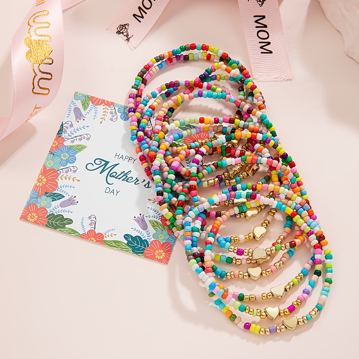 Image of 14pcs Bohemian Style Colorful Seed Bead Bracelet Set, Mother's Day Greeting Card Packaging Bracelet, Suitable For Daily Vacation Wear, Mother's Day Gift For Mom