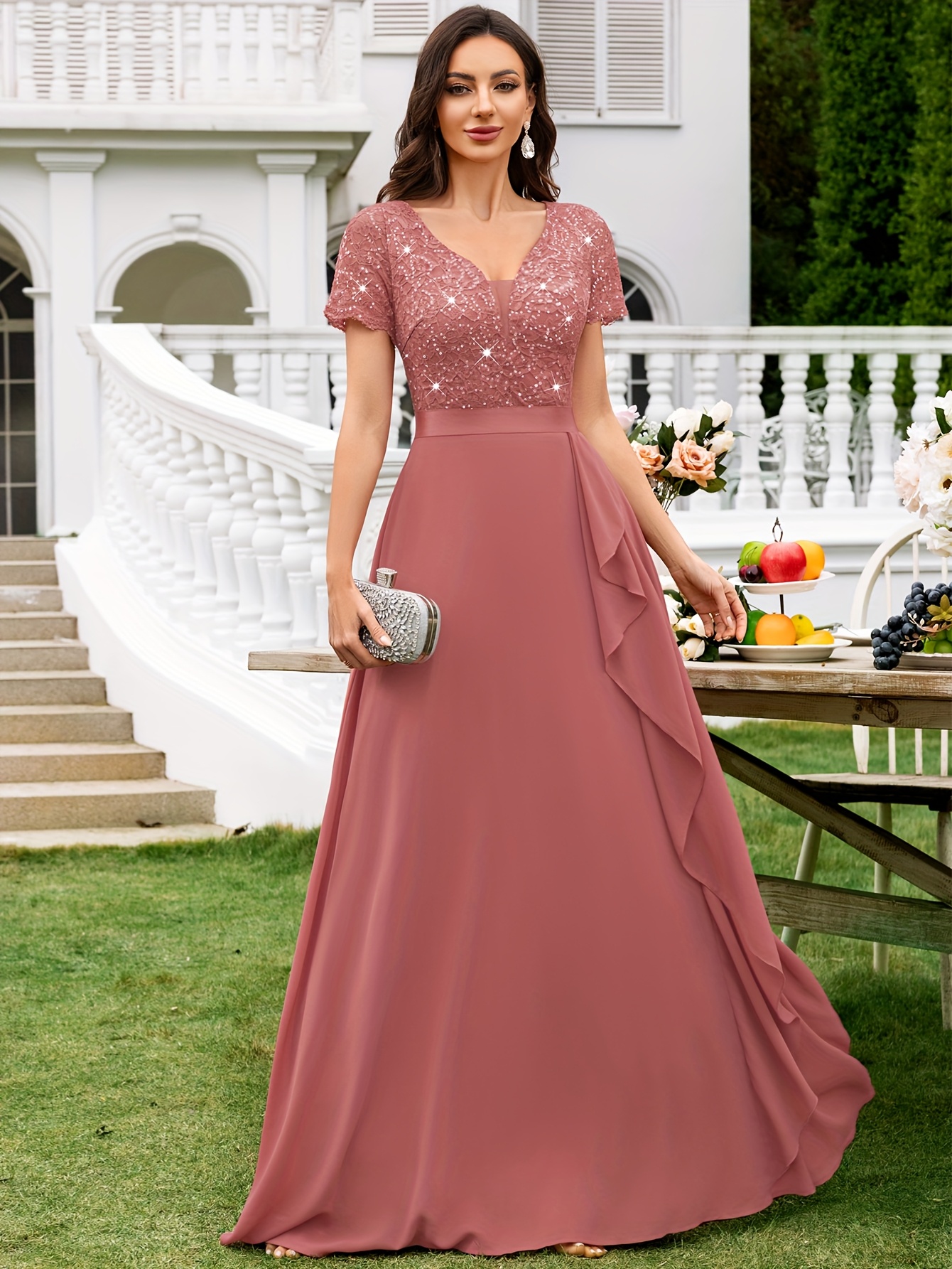 23186 elegant women's vintage v-neck floral lace bridesmaid gown, ruffle  sleeve chiffon capelet, flowy swing pleated hem, formal wedding, holiday,  evening party | Free Shipping On Items Shipped From Temu | Temu