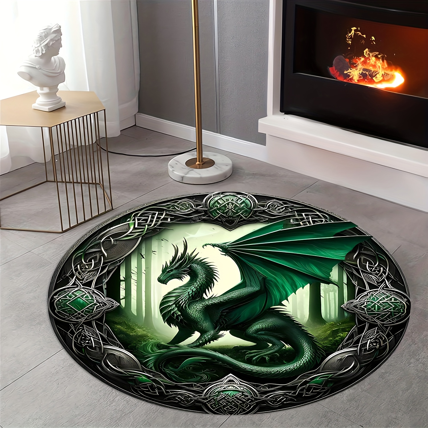 TEMU [product] 1pc Vintage Winged Green Dragon Pattern Round Carpet - Washable - Suitable For Living Room, Coffee Table, Bedroom, Entryway Mat, And