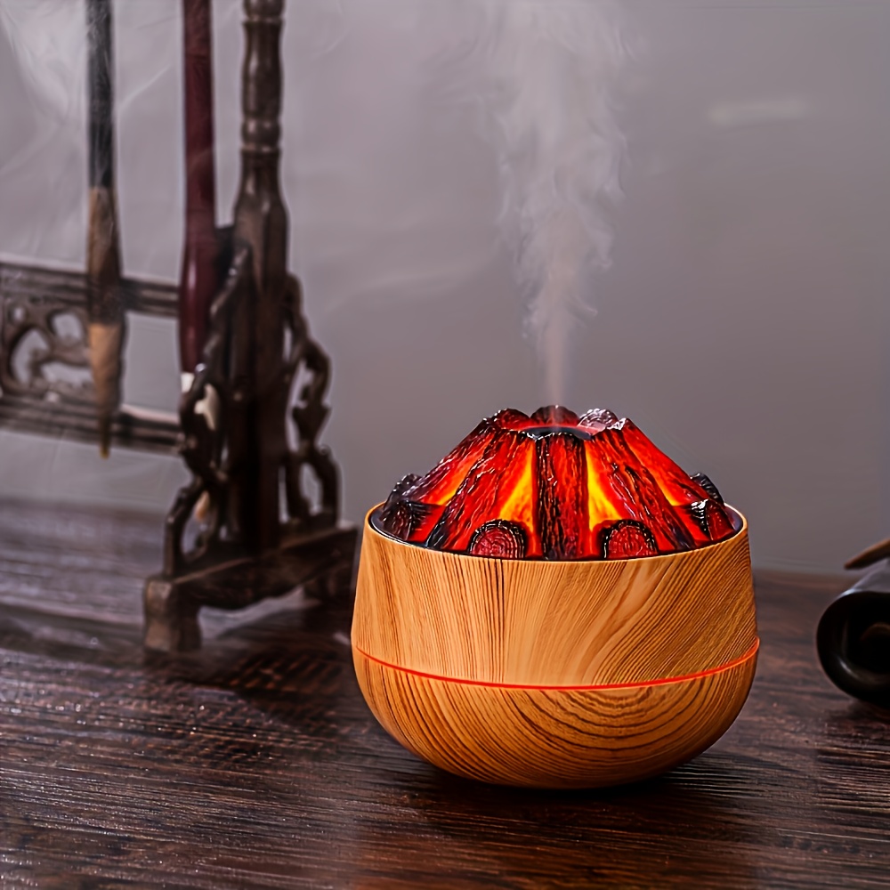 TEMU Powered Charcoal Fire Humidifier With Colorful Night Light, Flame Wood Grain Humidifier, 300ml Capacity, Indoor Aromatherapy Machine, Silent