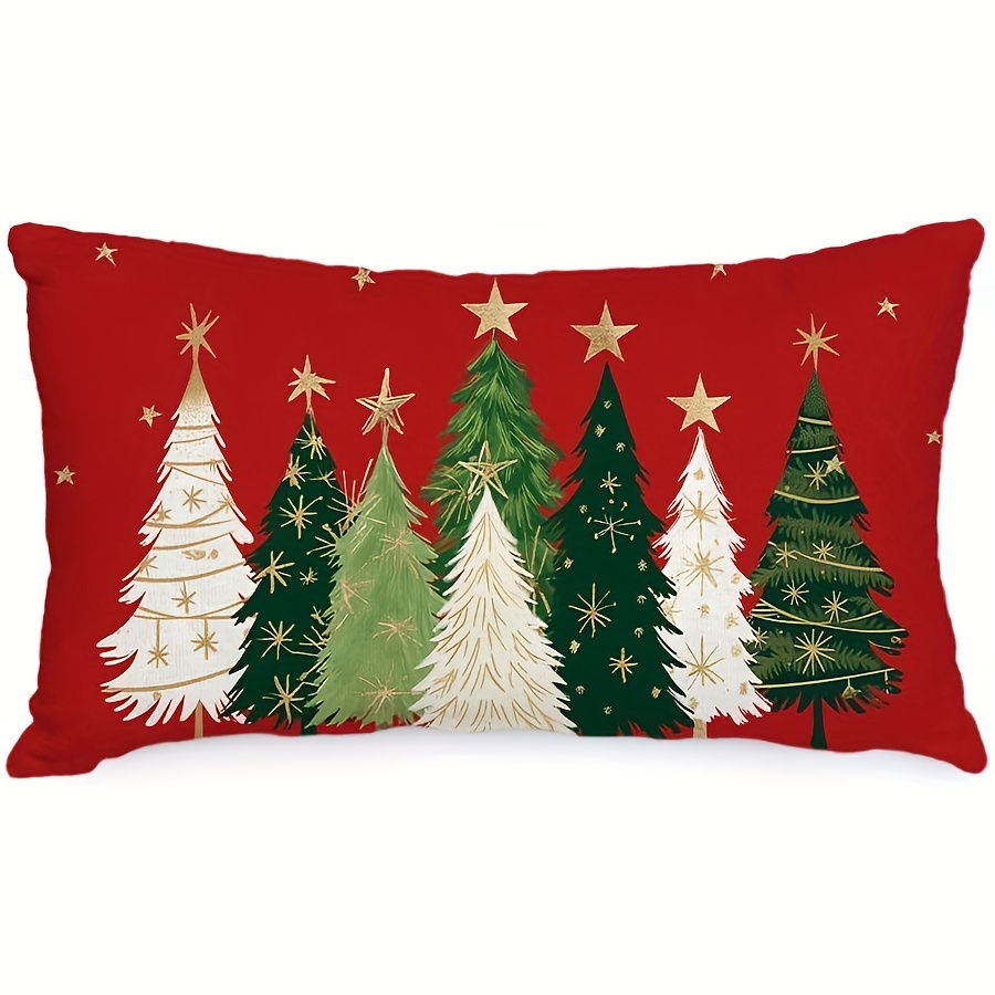 

Red Christmas Pillow Cover 12x20 Inch - Watercolor Tree & , Farmhouse Style Linen Sofa Decor With Zipper Closure (pillow Not Included)