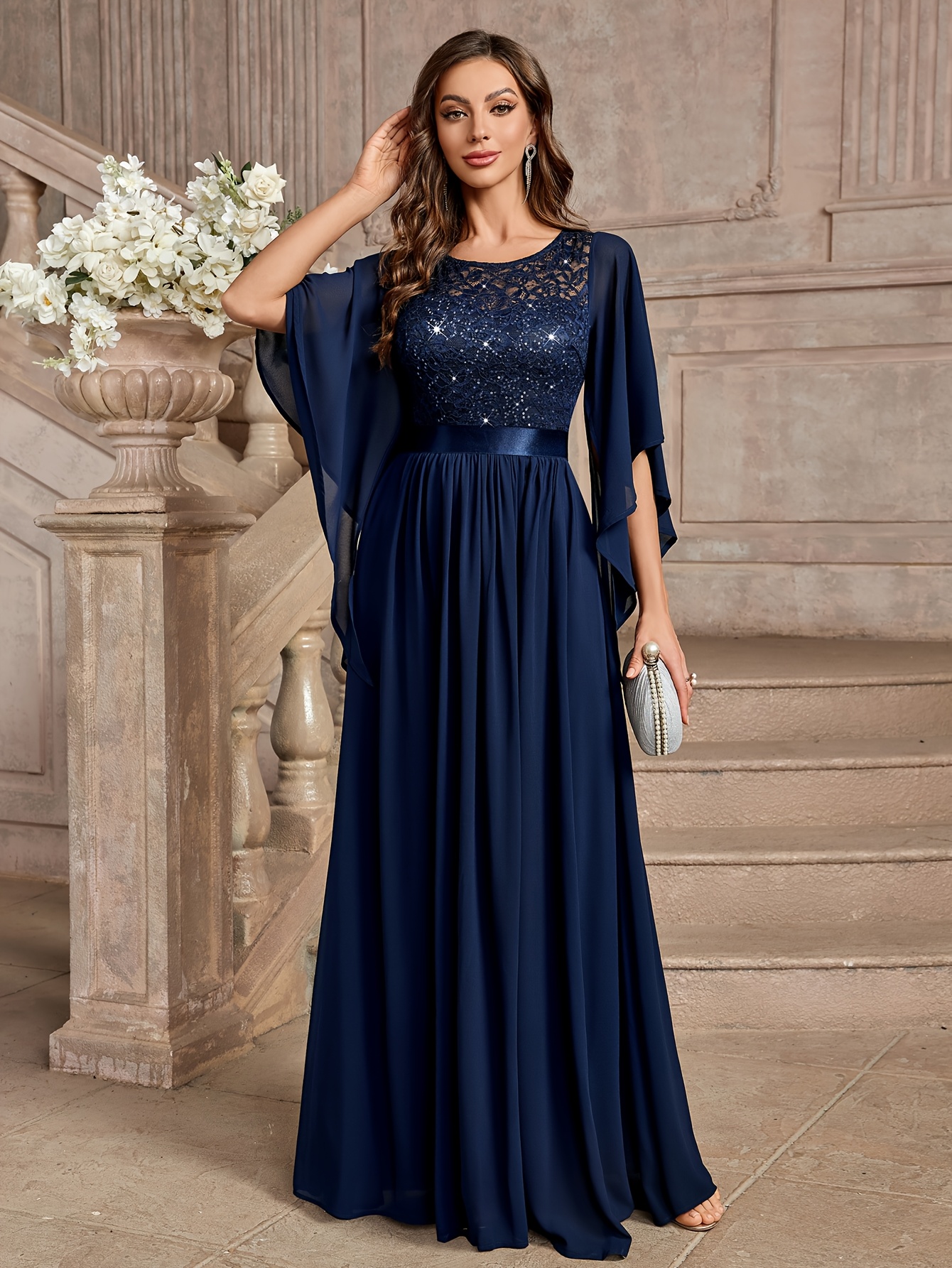 Women's Elegant Maxi Dress Formal Party Wedding Gala Gown with Cape Cloak  Sleeves, Flowy Ruffle Hem, Beige/ Pastel colors, Hand Washable for