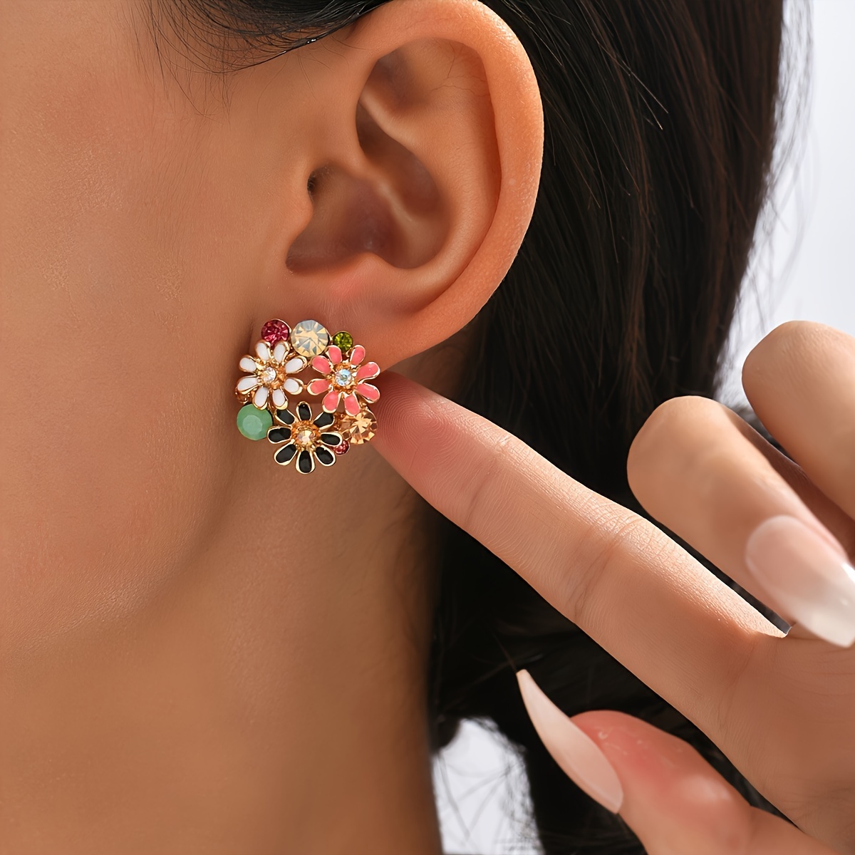 

Floral Stud Earrings - Sweet & With Gemstones, Golden-tone Zinc Alloy, Stainless Steel Posts, Ideal For Or Vacation, Quirky Earrings