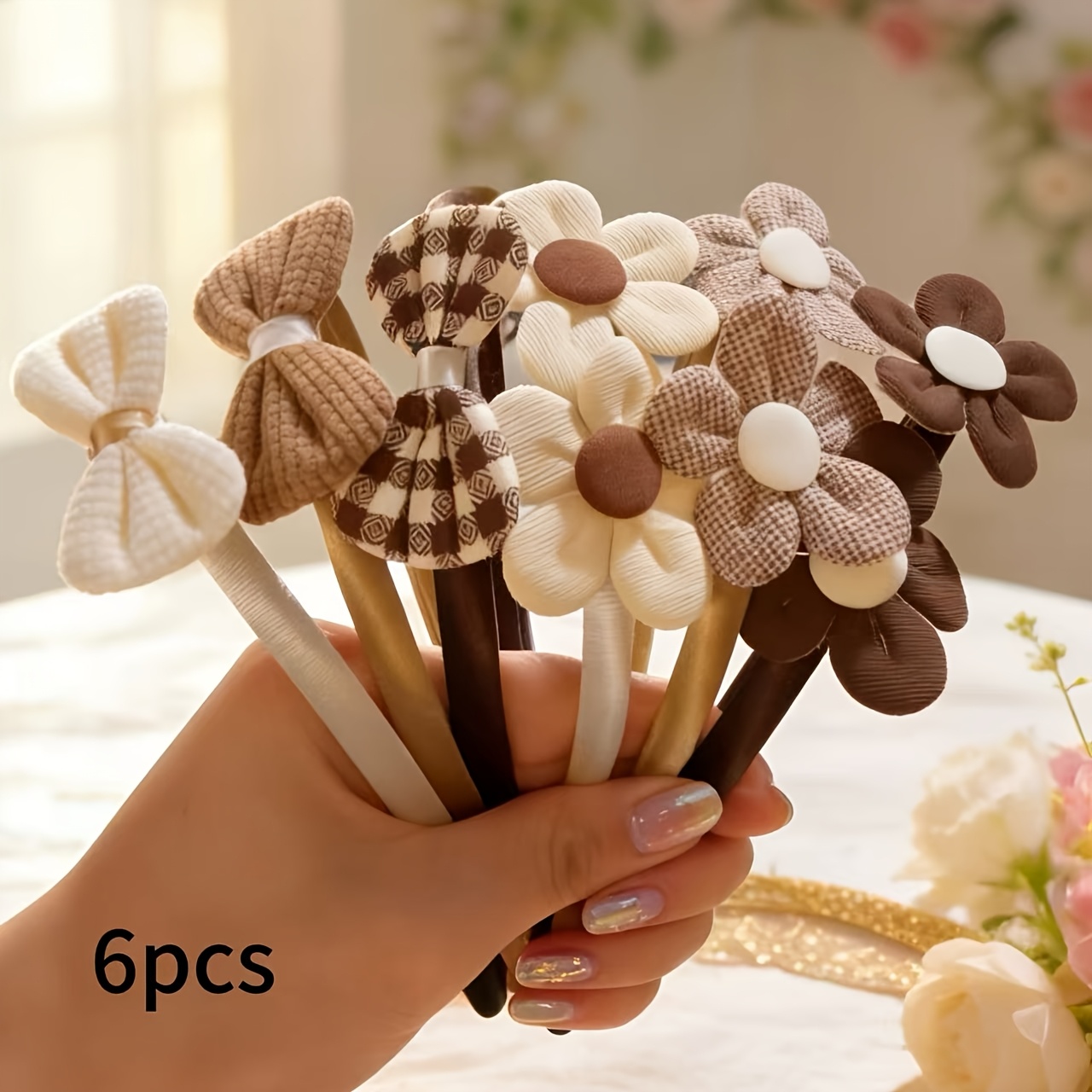 TEMU 2/3/6pcs Bandeau en Tissu à Nœud Floral Frais de Couleur Aléatoire, Accessoires pour Cheveux, Série , Ornement de Photo pour Bandeau et Coiffure