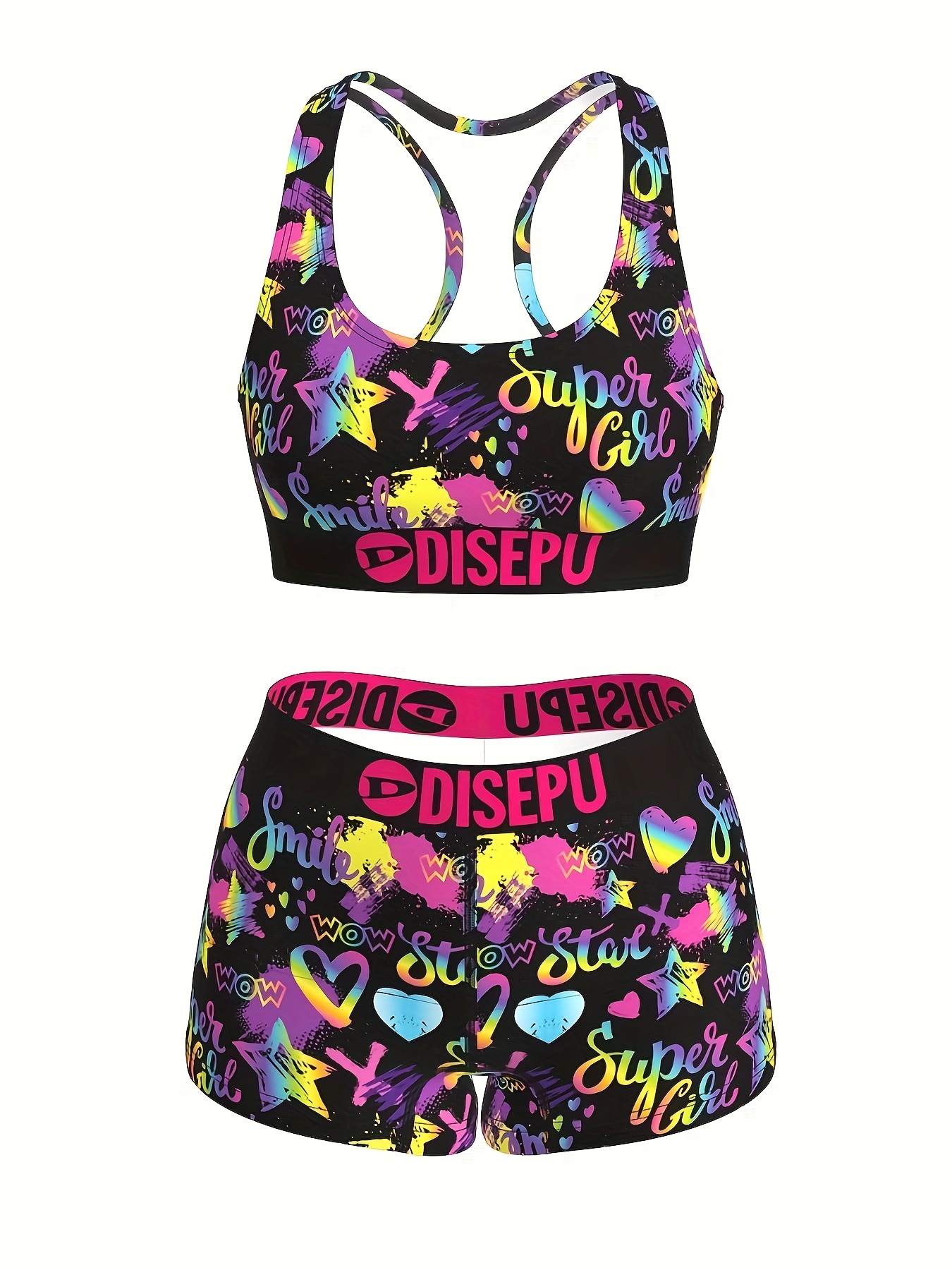 Women'* Neon Graffiti Print Sports Bra And Shorts Set 2pcs Colorful  Activewear Outfit For Gym Dance Yoga Fitness Festival Cute Matching Set For