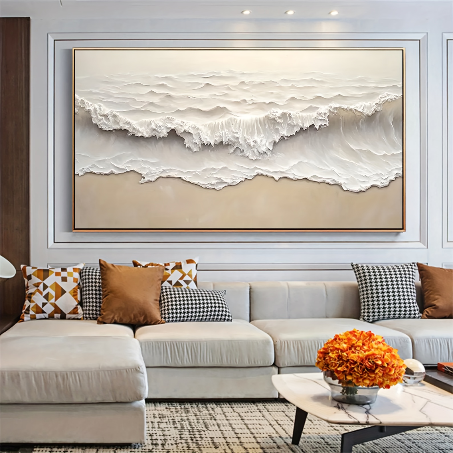 Large Modern Minimalist Abstract Canvas Oil Painting - Hand-Painted Wave Design in Light Gray, White, and Golden, Aluminum Alloy Frame, Perfect for Living Room, Bedroom, Office Wall Decor - Unique Art Gift for Halloween, Christmas, or Home Decor