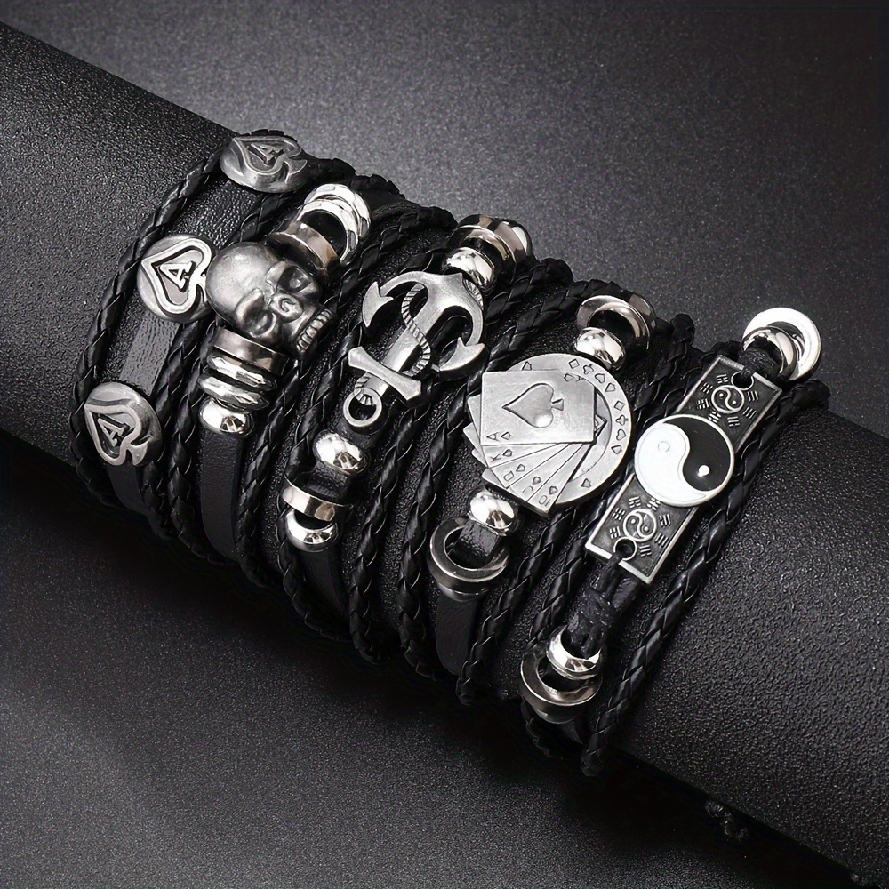 Conjunto de 5 Pulseras de Cuero Sintético con Encanto de Calavera y Tai Chi Estilo Hip Hop Punk para Hombres - Multicapa, Diseño Yin Yang