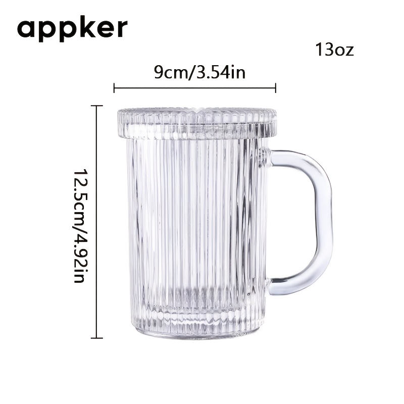 E-shop 13oz Gestreifter Glas Kaffeebecher mit Deckel | Rutschfest, Wiederverwendbar, für Zuhause, Café oder Party, Nur Handwäsche