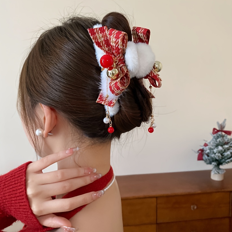

Elegant Plush Christmas Hair Claw With Tassel & Bow - Medium Size, For Women And Girls