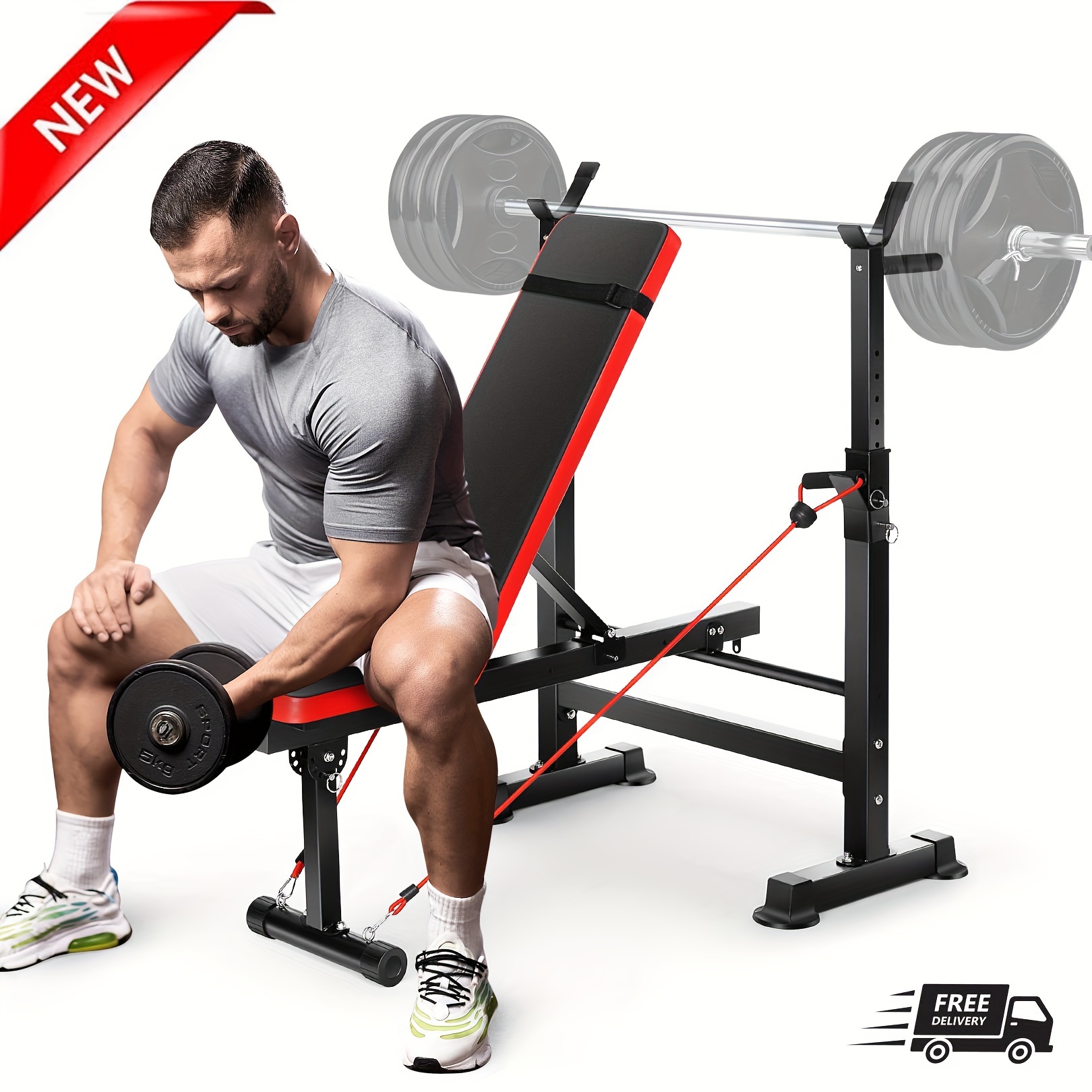 TEMU 330lbs Weight Bench Press Set Multi-function Folding Fitness Equipment Full Body Excercise