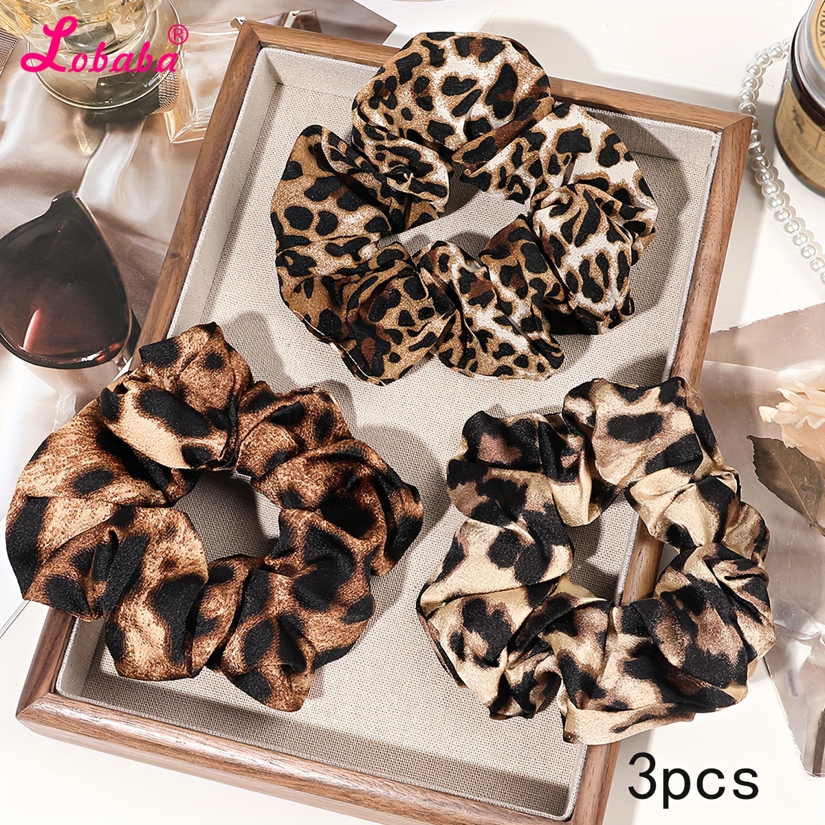 TEMU 3pcs Lobaba Elegant & Sweet Leopard Print Hair Scrunchies Set, Premium Fabric Hair Ties For Stylish Low Ponytails And Updos