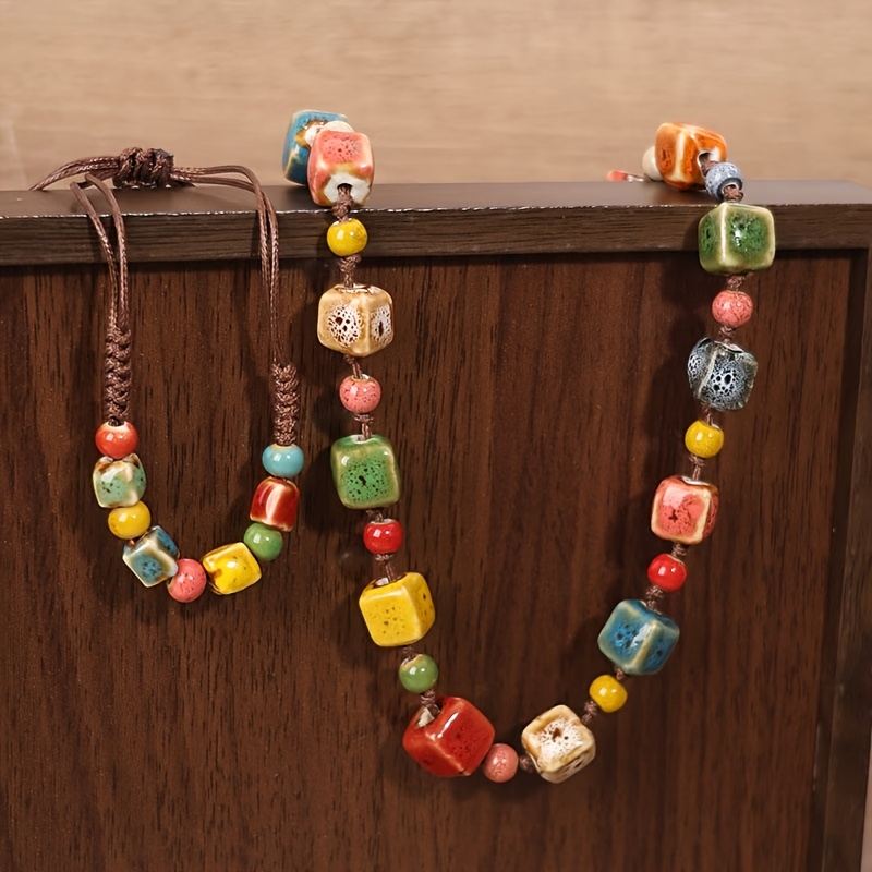 TEMU Set Of 2: 1 Necklace And 1 Bracelet, Dopamine Ceramic Necklace With Colorful Beads, Handmade Adjustable Length Necklace For Women's Fashion