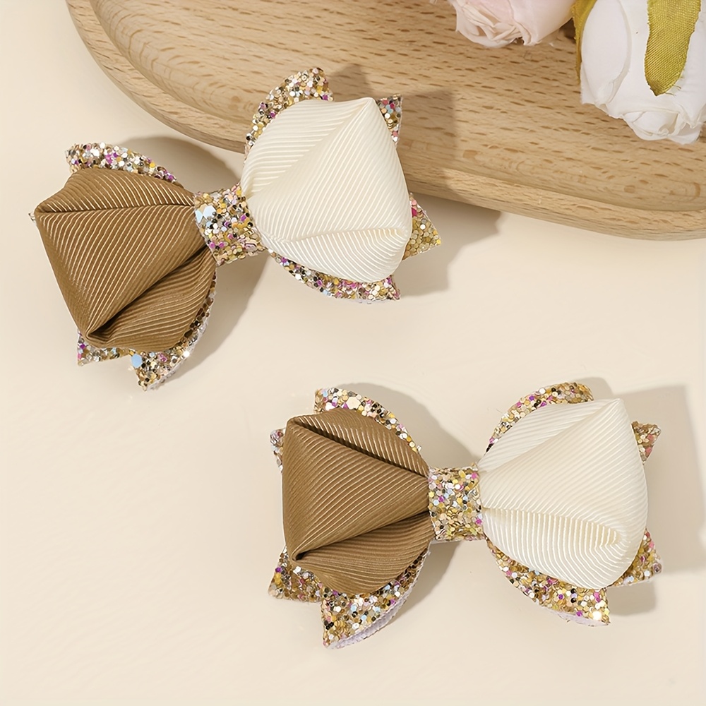 Image of 2pcs Glitter Bow Hair Clips For Adorable Grosgrain Ribbon Polyester Hair Accessories Perfect For Ideal Gift For Teen Sparkling Bow Hair Clips