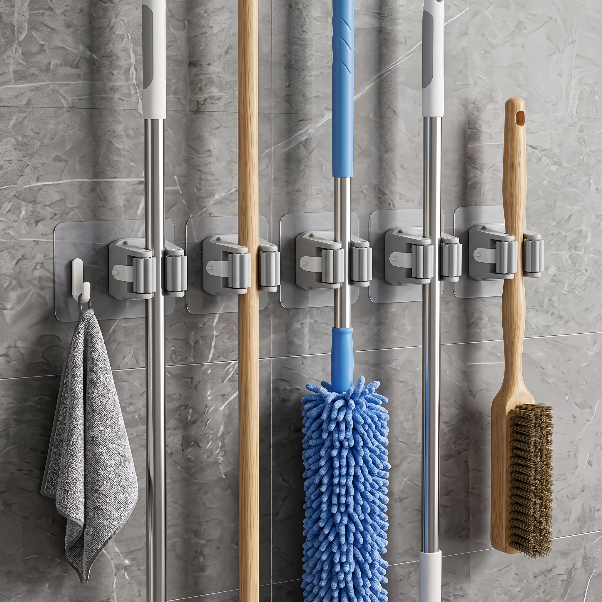 TEMU 10-pack No-drill Wall-mounted Mop And Broom Holder, Self-adhesive Heavy Duty Broom Hooks, Wall Mounted Mop Holder, Waterproof Rustproof