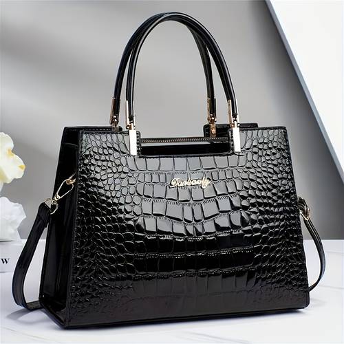 elegant crocodile pattern handbag for women classic solid color shoulder bag with detachable crossbody strap synthetic leather hardware zip closure in white and multiple colors