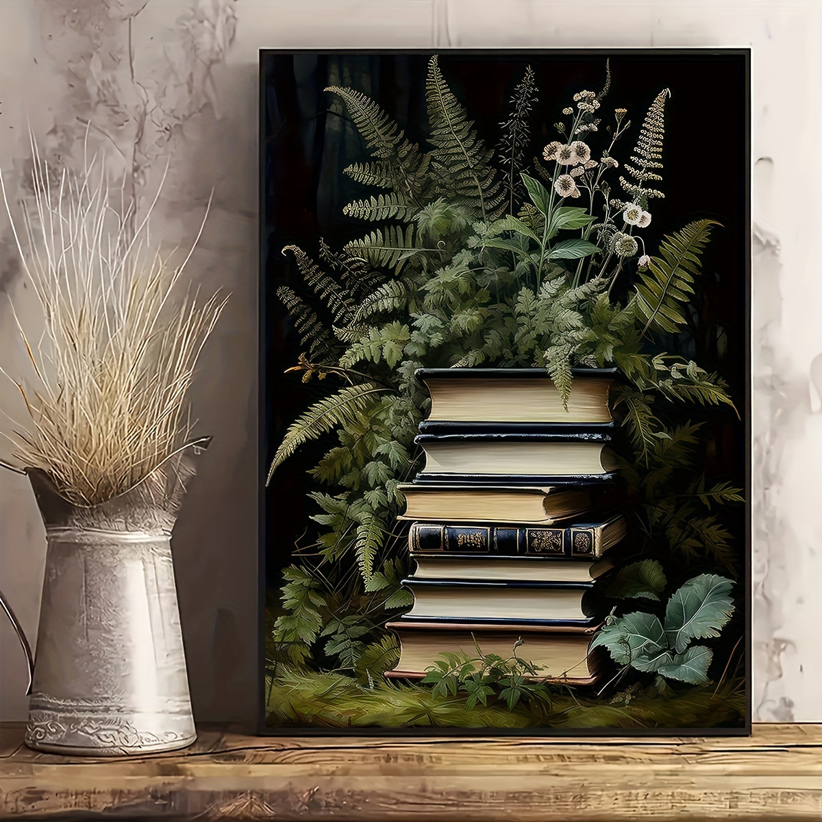 

Vintage Botanical & Floral Canvas Art Print - Green Forest Bookstore Wall Decor For Bedroom, Living Room, Hallway - Modern Home Decoration Gift, Unframed