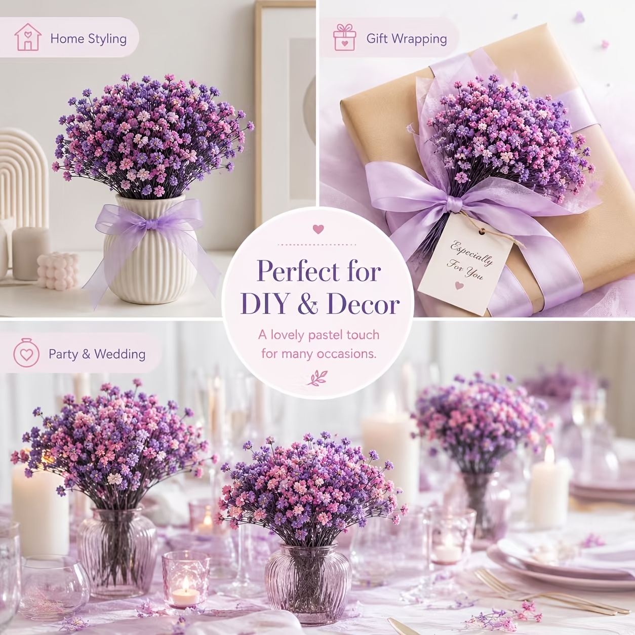 TEMU 1036 Plus Flower Head Dry Breath Flower Mini Bouquet, . 15 Cm, Pink/purple Decorative Flowers, Suitable For Home Decor, Wedding Table