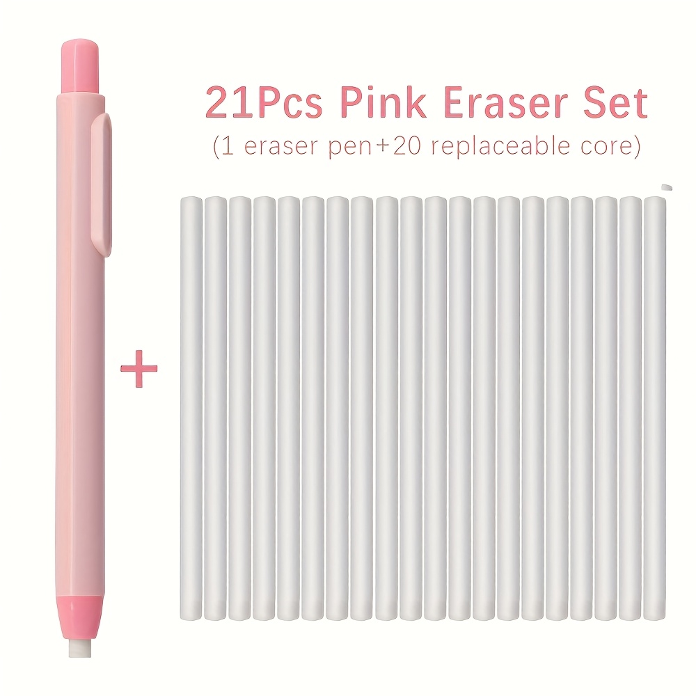 21pcs/set Push-button Eraser With Replaceable Refills, Large Capacity Correction Tool For Art Pencils, Drawing, Writing, And Editing. Includes 1 Eraser Pen And 20 Replaceable Refill Set