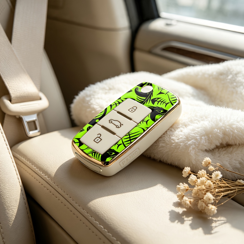 TEMU Car Key Cover - Neon Green Fishbone Texture With , Soft Tpu Fob Case For Vw Golf 3-button Flip Remote, Full Protection Anti-scratch Luxury