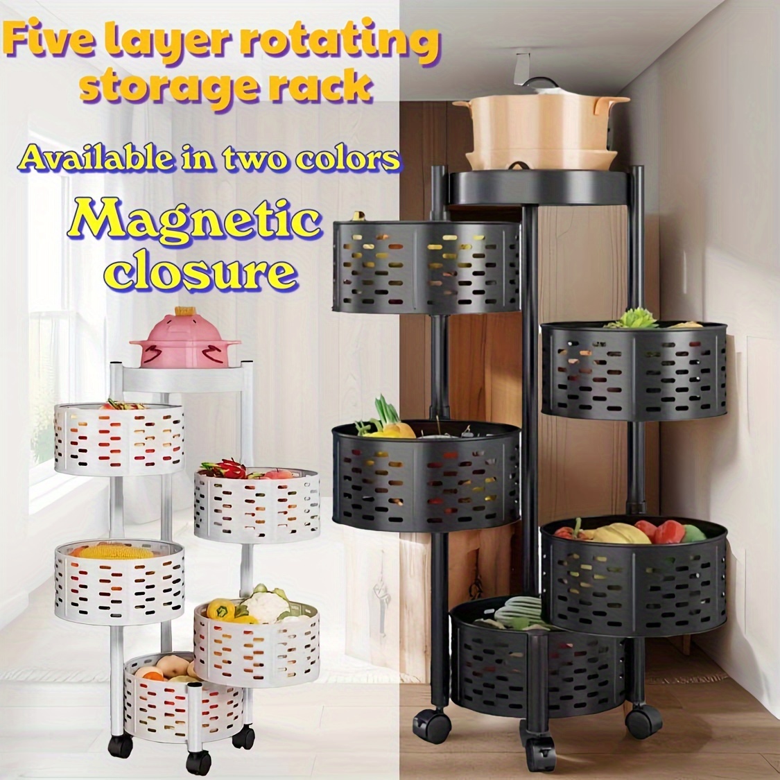 

Versatile 5-tier Rotating Kitchen Storage Rack With Wheels - Spacious, Sturdy Metal Organizer For Fruits, Vegetables & More - Easy Assembly, No Power Needed