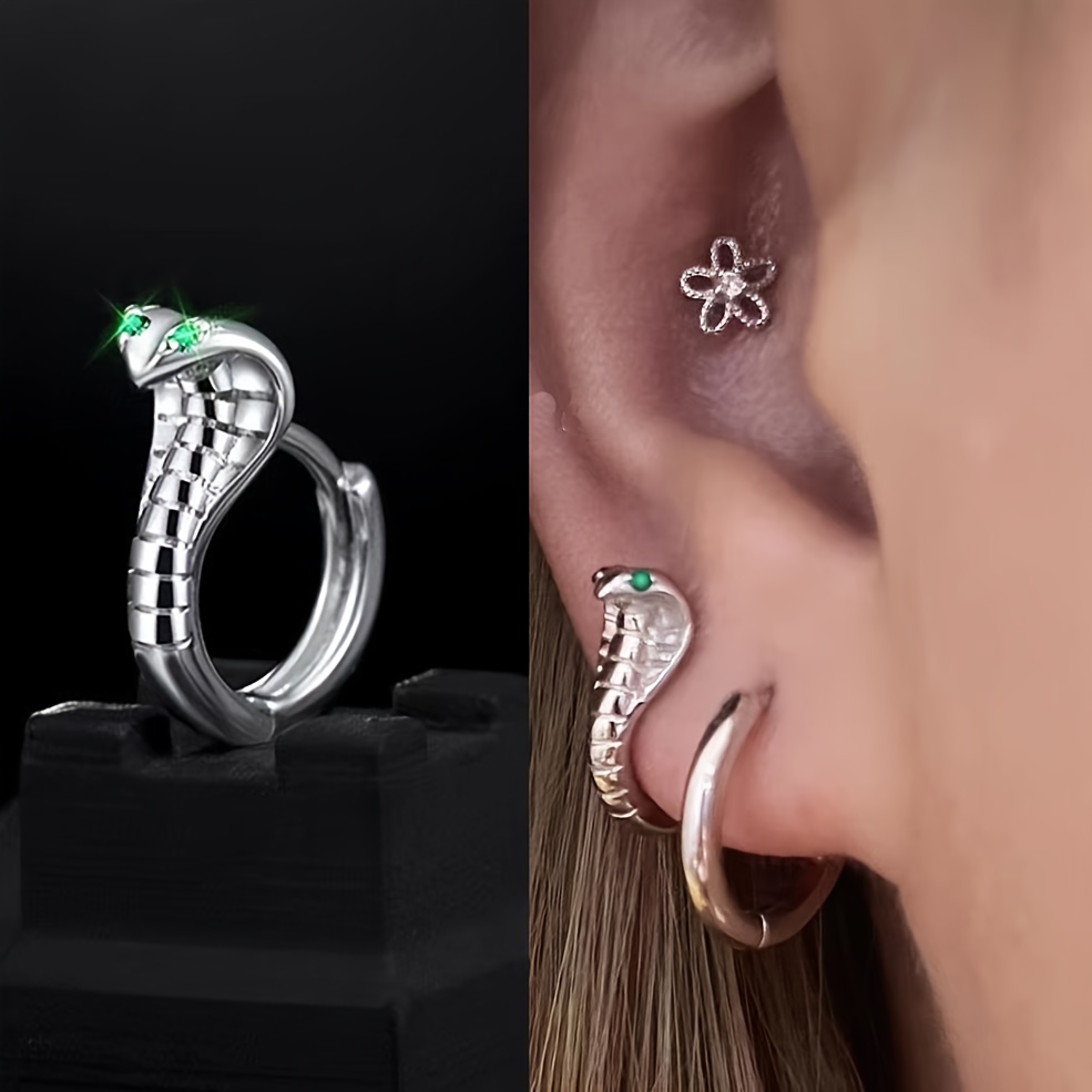 

Y2k Gothic Stainless Steel Hoop Earrings - Unisex Snake Design With Synthetic Green/black Zirconia Eyes, Hypoallergenic 316l Ear Needle, No Plating - Animal Themed Daily And Gift Ear Jewelry