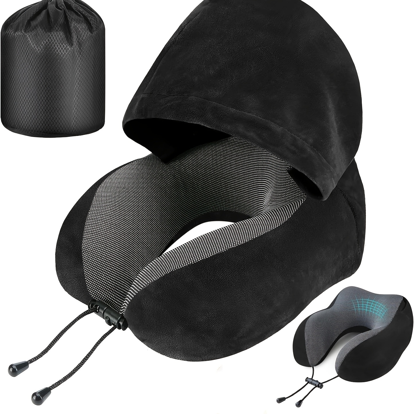 1pc black travel pillow with bag neck pillow for travel with hood for airplane velvet memory foam neck pillow adult head neck support for long flights plane   sleeping rest details 1