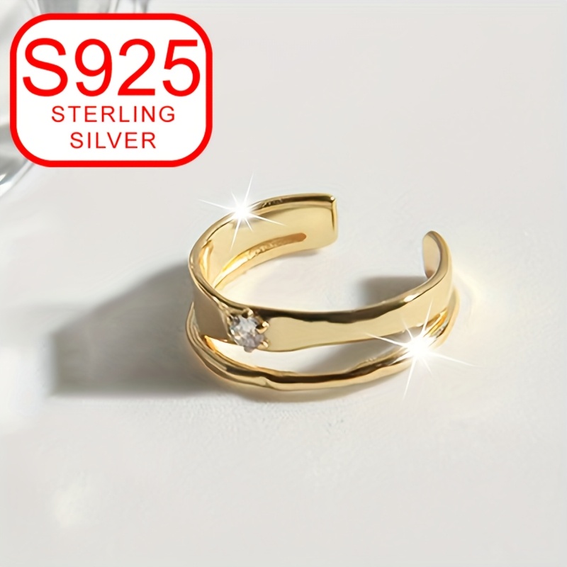 925 Silver Wave Open Ring w/ CZ for Women Adjustable Hypoallergenic