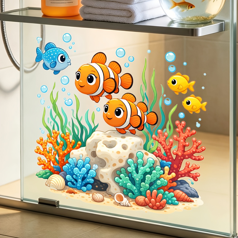 TEMU 1pc Themed Glass Sticker, Cartoon , Seaweed, Shell, And Bubble , Self-adhesive High Quality Decorative Decal For Bathroom Shower Room Tiles And