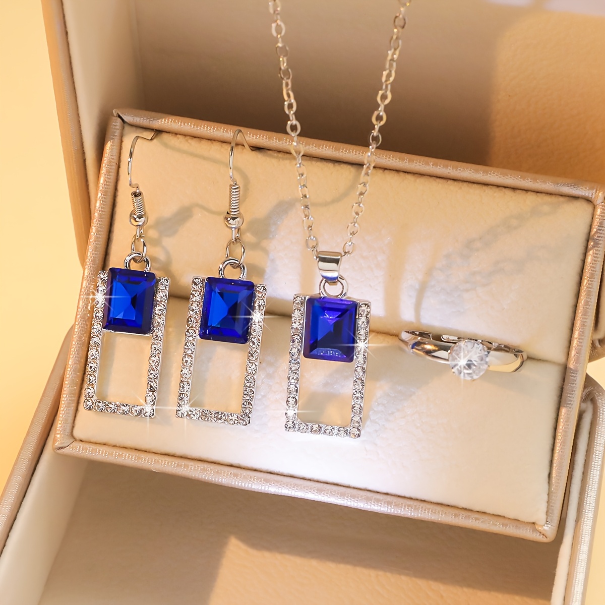 Image of 4pcs Retro Sparkling Square Jewelry Set For Women, With Ring, Earrings, Necklace, Bridal Bridesmaid Wedding Anniversary Birthday Engagement
