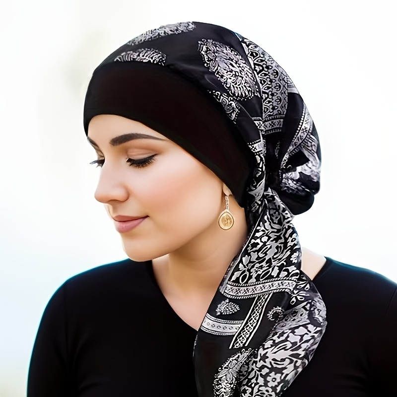 Image of Classic Fashion Convenient Outfit New Printed Sleep Cap For Women, Chiffon Hair Care Cap, Wide-brim Stretchy Floral Chemotherapy Cap, Satin Cap For Women