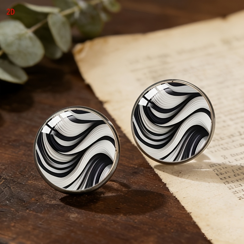 E-shop 2D flache, schwarz-weiße gewellte Streifen-Steckerohrringe, 2D Zeit-Edelstein runde Ohrringe, minimalistisches Accessoire im geometrischen Stil