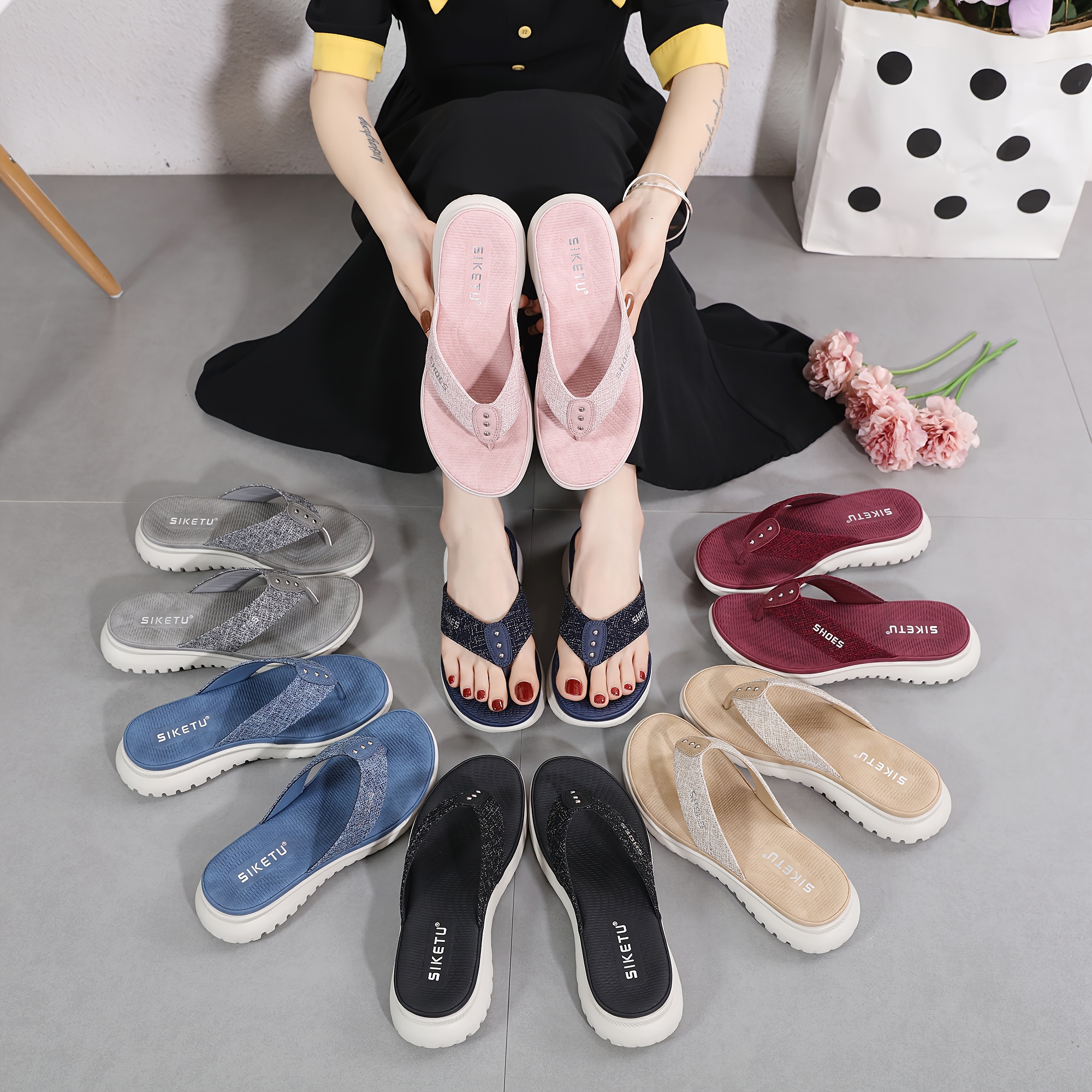 womens summer slide sandals casual open toe flip flops with arch support comfortable low heel fabric upper eva insole   in pink red blue black grey beige more sizes 35 42 strappy sandals Product details 0