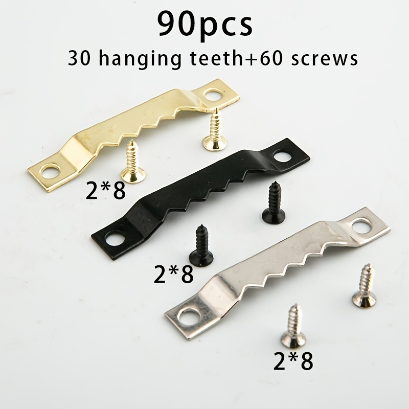 TEMU Lot de 90 crochets dentelés noirs/dorés/gris pour cadres photo, petits crochets dentelés avec vis - Crochets de cadre robustes en métal à bord