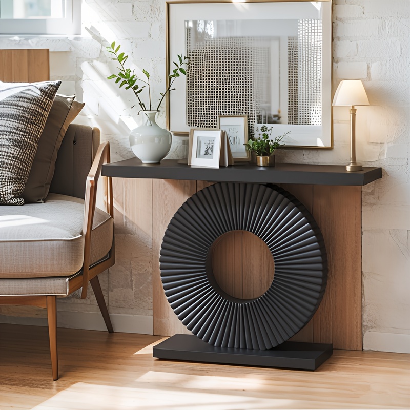 [Modern Sofa Table] 40 Inch Modern Wooden Sofa Entrance Table with Geometric Base, Narrow and Long, for Living Room, Entrance, and Hallway