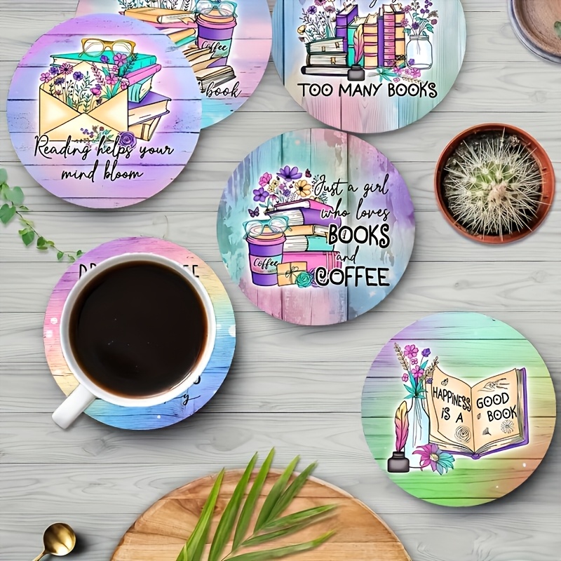 

6pcs Book Lover Coasters Set, Wooden Drink Mats With , Coffee, Tea, Decor Gift