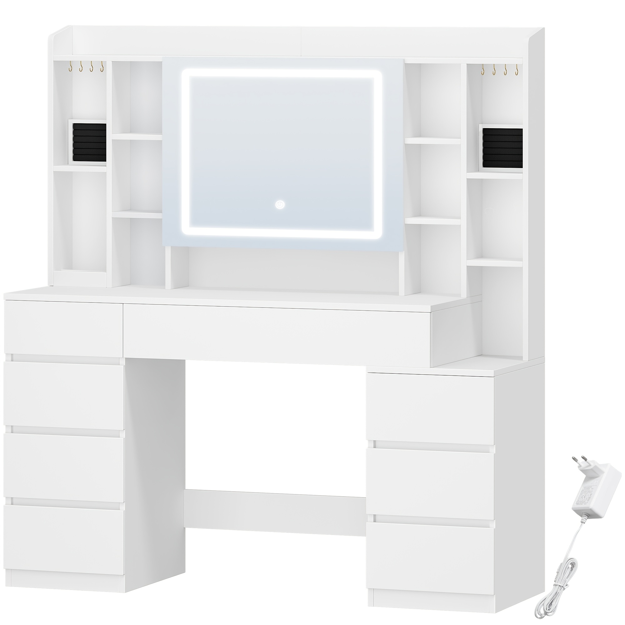Image of 120cm Dressing Table With Mirror, Large Mirror, 8 Drawers And 11 Open Compartments, Integrated Jewelry Tray, 40x120x141cm, White