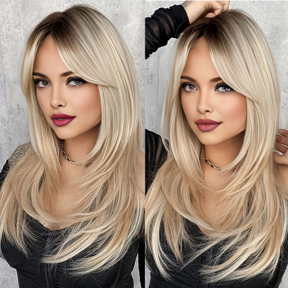 TEMU 55.88cm Ombre Blonde Golden Long Straight Layer Wig With Bangs - Heat-resistant Fiber Synthetic Wig, Stylish And , Ideal For Women' Wear