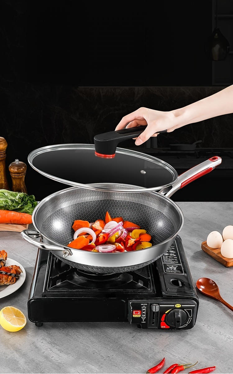 1pc honeycomb non stick stainless steel wok with glass lid 316 full screen anti scratch vertical pot cover dual anti stick shovels scratch resistant kitchen cooking tool for gas induction cookers details 23