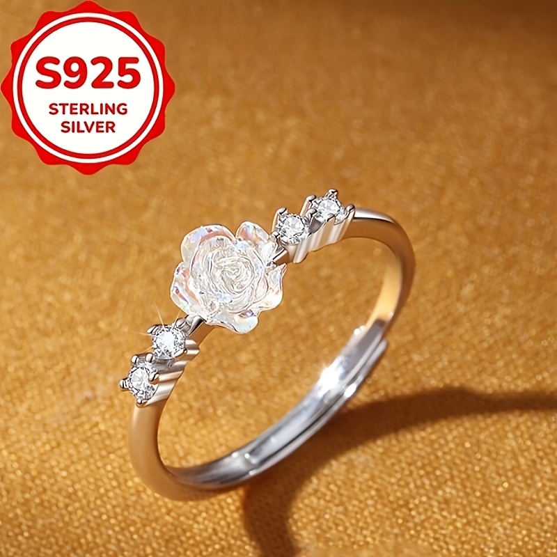 Women's S925 Silver Inlaid Zirconia Camellia Open Ring