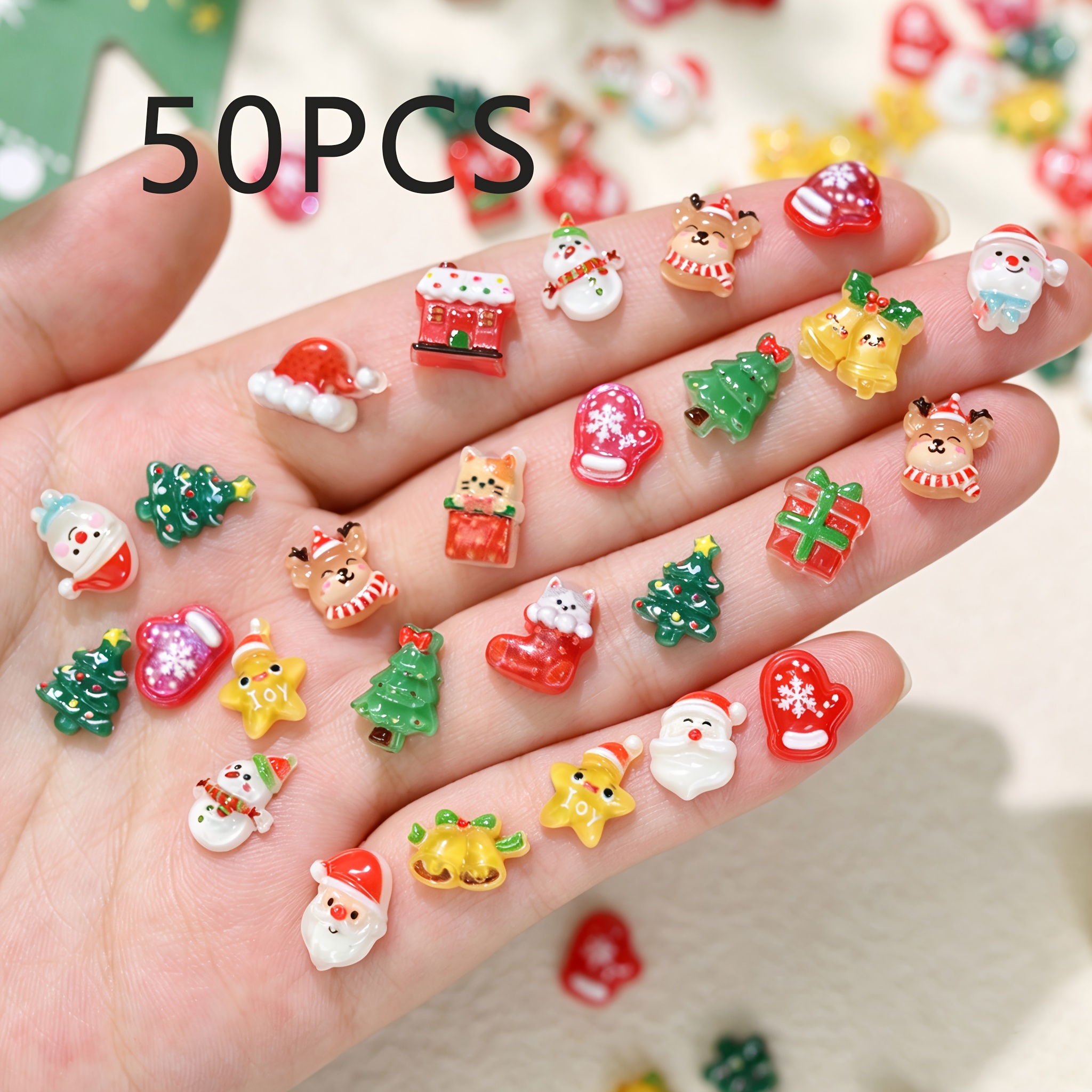 TEMU 50pcs 3d Christmas Resin Nail Charms Mixed Mini Santa Snowman Elk Tree Gift Box Flatback Nail Art Decorations Cute Cartoon Xmas Manicure