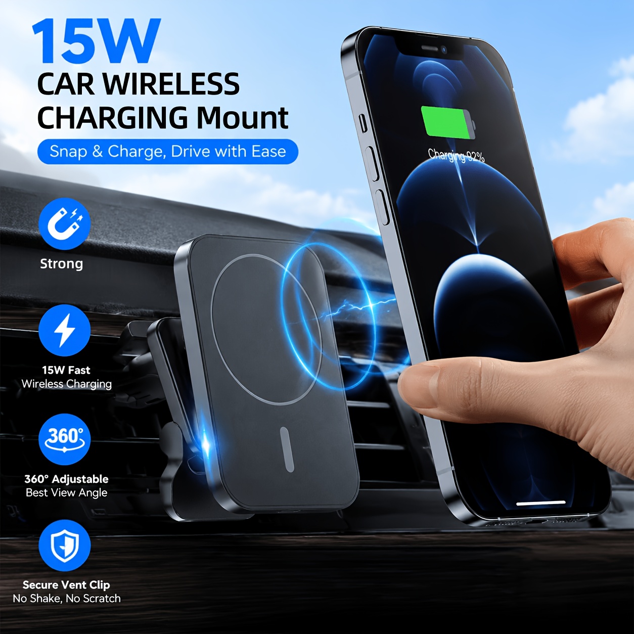TEMU Support de voiture magnétique fil Vent avec chargeur, support de téléphone rotatif à 360° à absorption automatique, support de navigation de