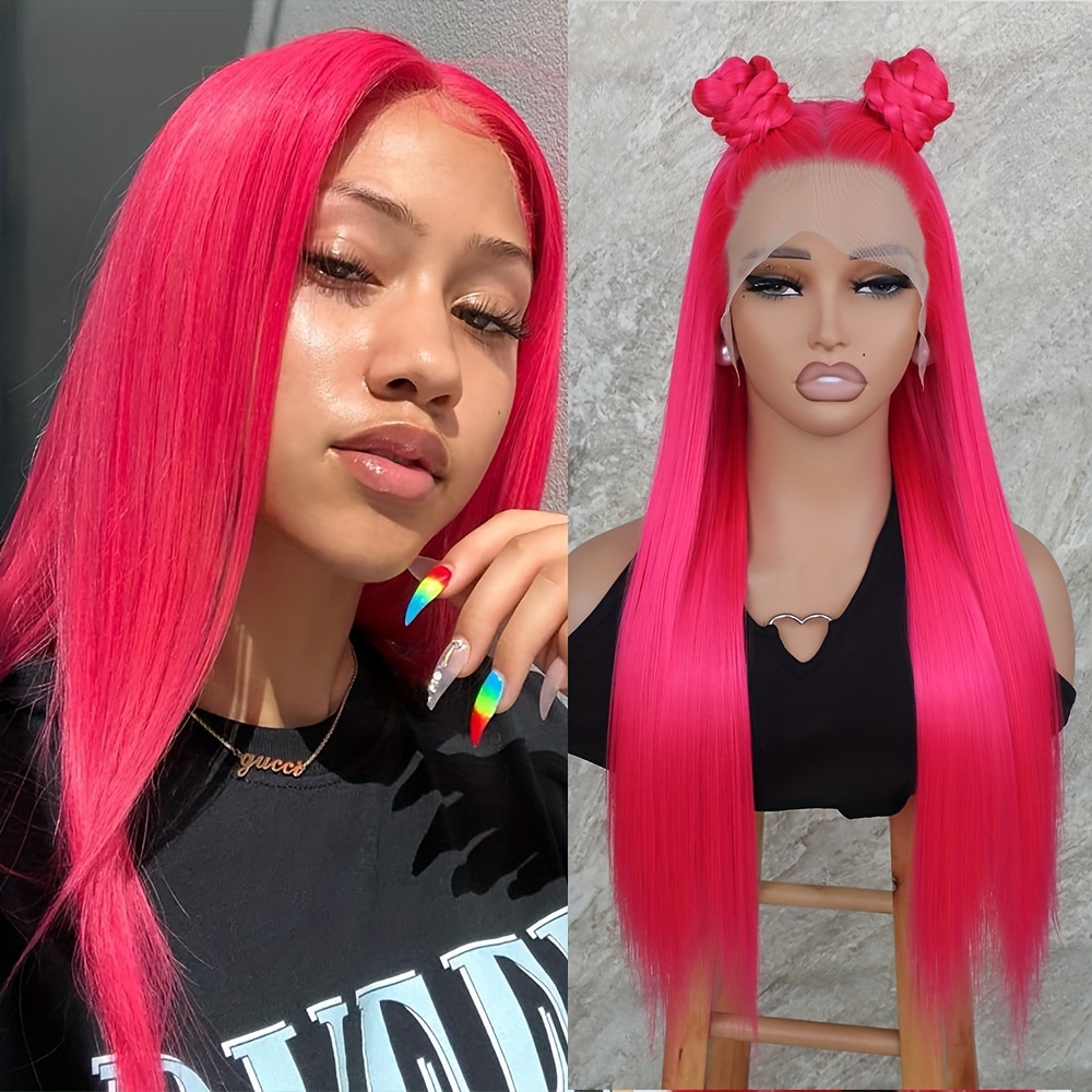 

Hot Synthetic Lace Front Wigs Glueless Wig Pre 26 Inches Long Hair Wig Magenta Pink Replacement Wigs Heat Resistant Frontal Lace Wigs For Women Party Vacation Concert Use